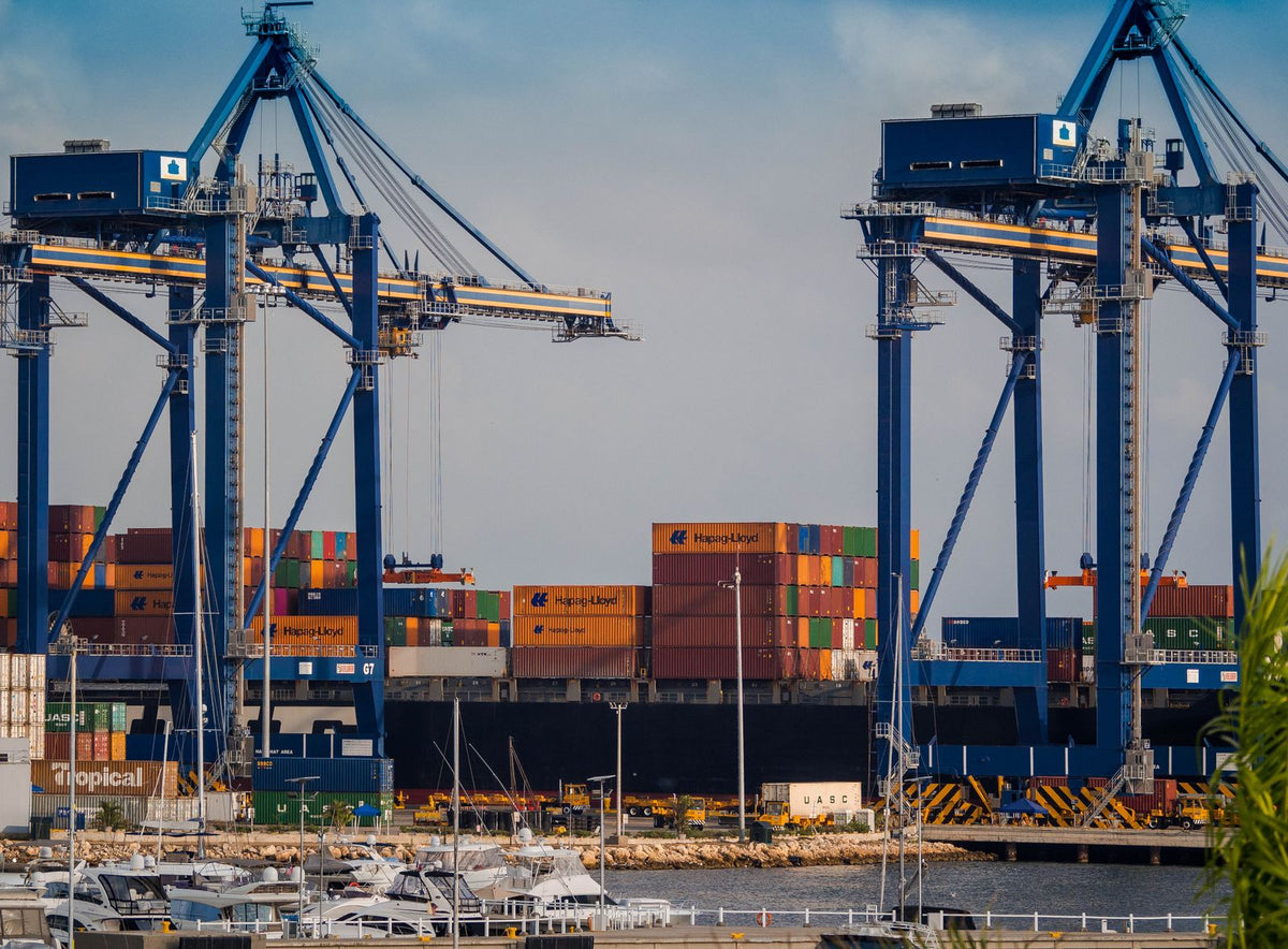 Harbour cranes and shipping containers beside the water at a coastal port