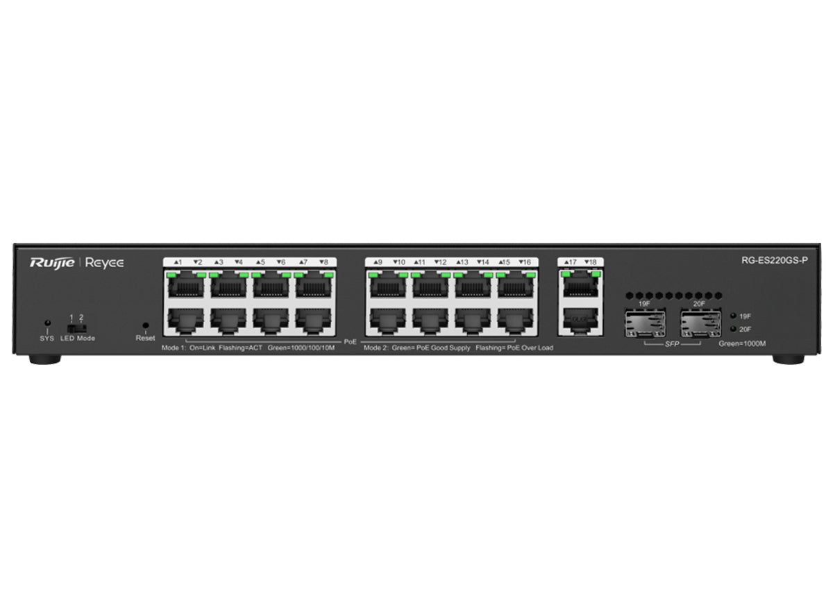 Reyee RG-ES220GP 18 Port Gigabit with 16 PoE 250W 2SFP Smart Managed Switch product image