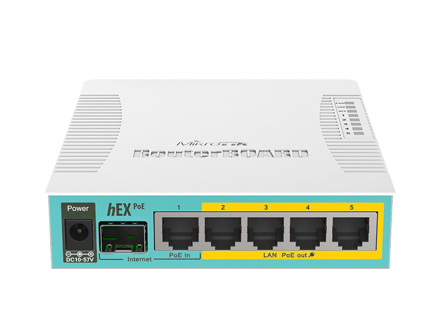 MikroTik HEXPOE hEX PoE 5 Port Gigabit 1SFP PoE Out Desktop Router – product view 2
